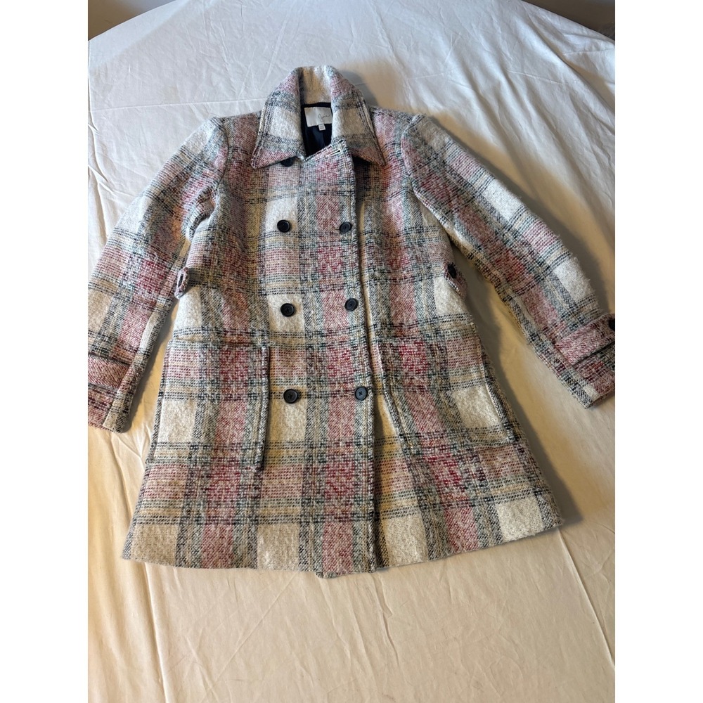 Joie Plaid Double Breasted Pea Coat Womens XS Pink Cream Tweed Wool Blend J2648